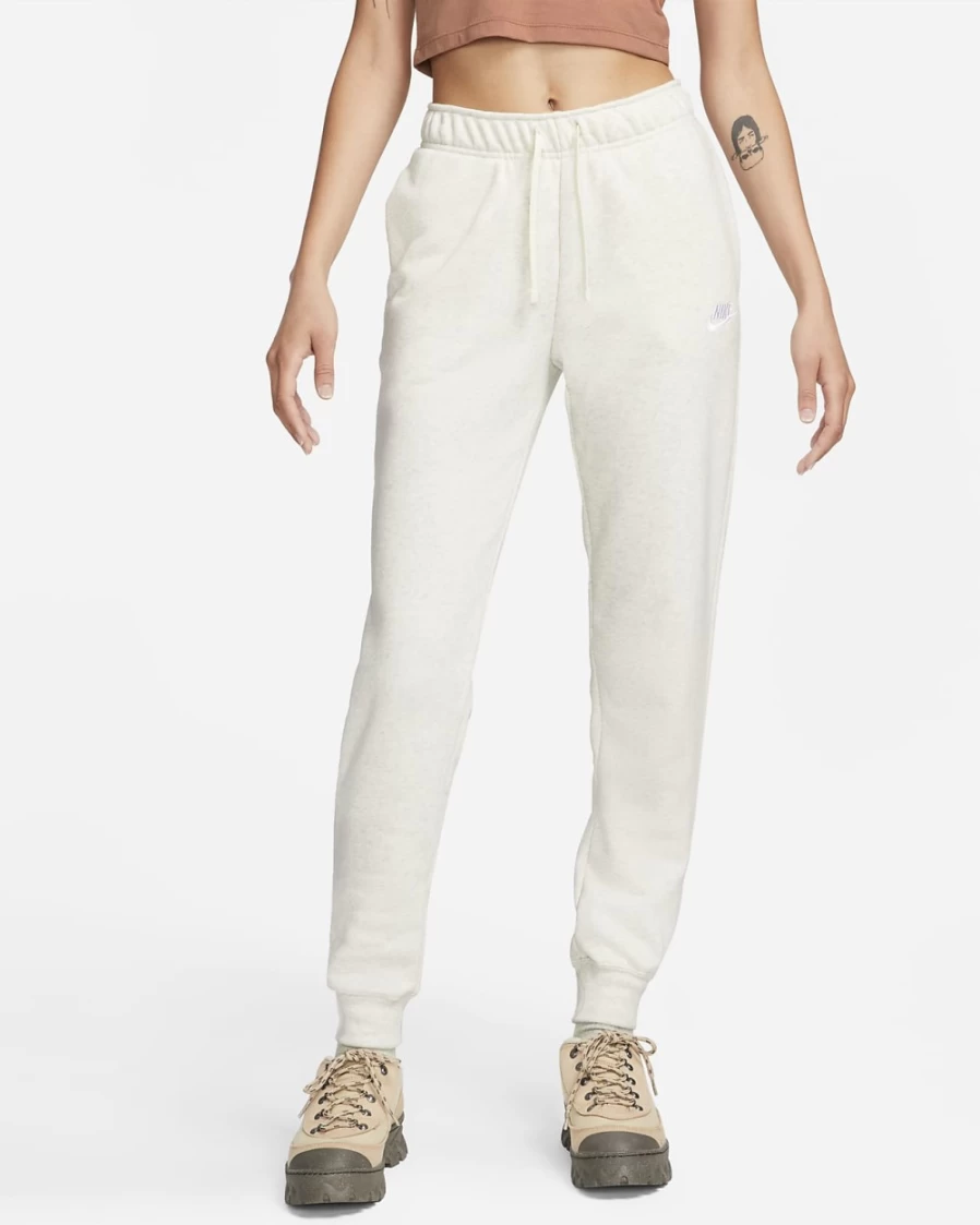 Nike Women's Club Fleece Mid-Rise Joggers in Oatmeal Heather/White - Comfortable Sportswear Pants