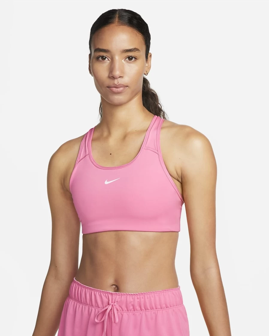 Nike Women's Medium-Support Swoosh 1-Piece Padded Sports Bra in Pinksicle/White