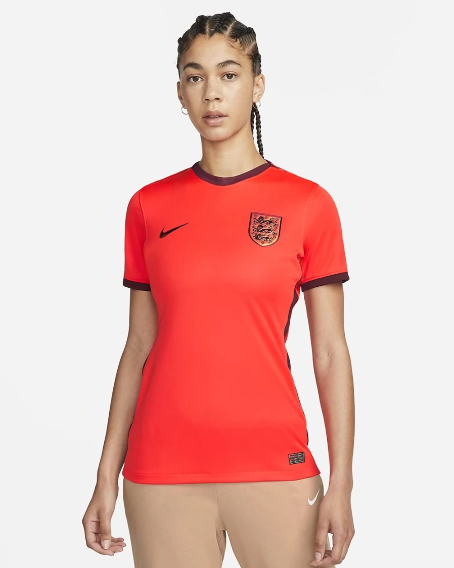 Nike 2022 England Women's Away Soccer Jersey - Bright Crimson/Deep Maroon - Dri-FIT Stadium Football Shirt
