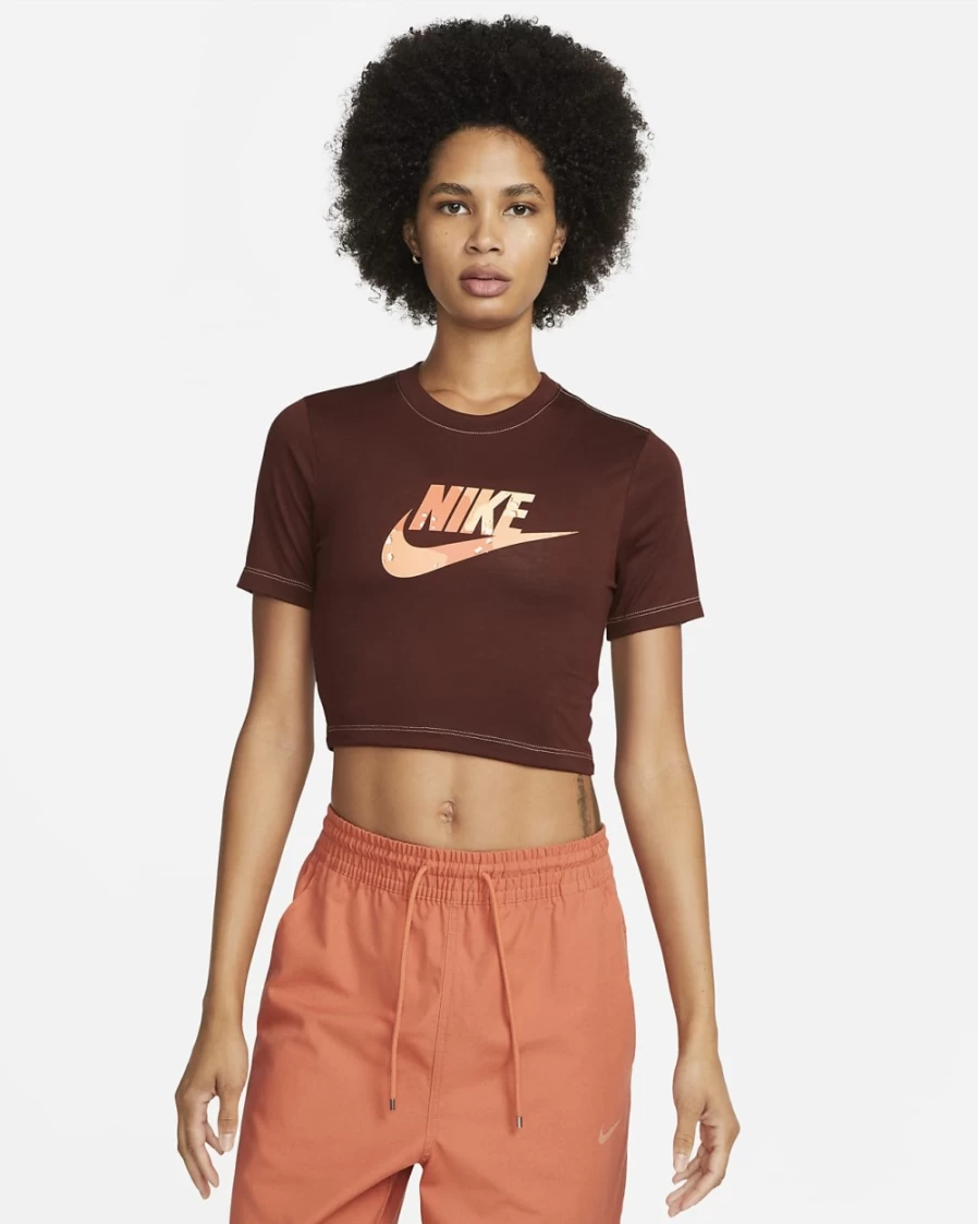 Nike Women's Slim Fit Cropped T-Shirt in Bronze Eclipse/Orange Chalk | Sportswear Top