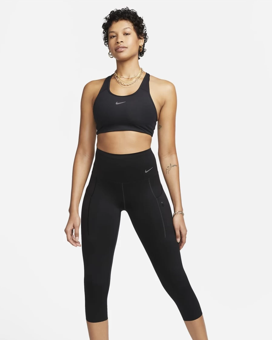 Nike Go Women's High-Waisted Cropped Leggings with Pockets - Black/Black - Firm Support Workout Tights