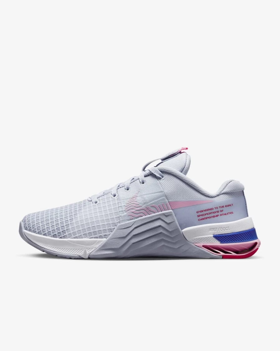 Nike Metcon 8 Women's Training Shoes - Football Grey, Blue Whisper, Medium Soft Pink & White Colorway