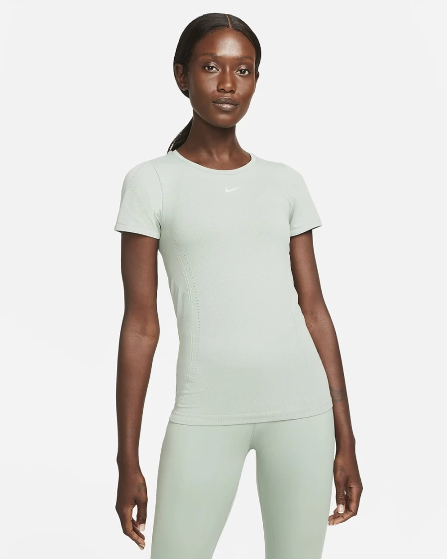 Nike Dri-FIT ADV Aura Women's Slim-Fit Short-Sleeve Top - Jade Smoke/Reflect Silver - Moisture-Wicking Workout Shirt