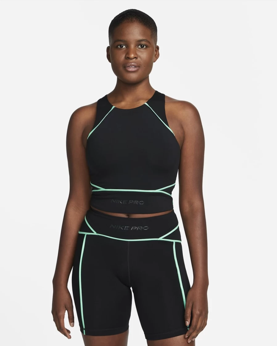 Nike Pro Dri-FIT Women's Cropped Workout Tank - Black, Green Glow, Dark Smoke Grey - Moisture-Wicking Fitness Top