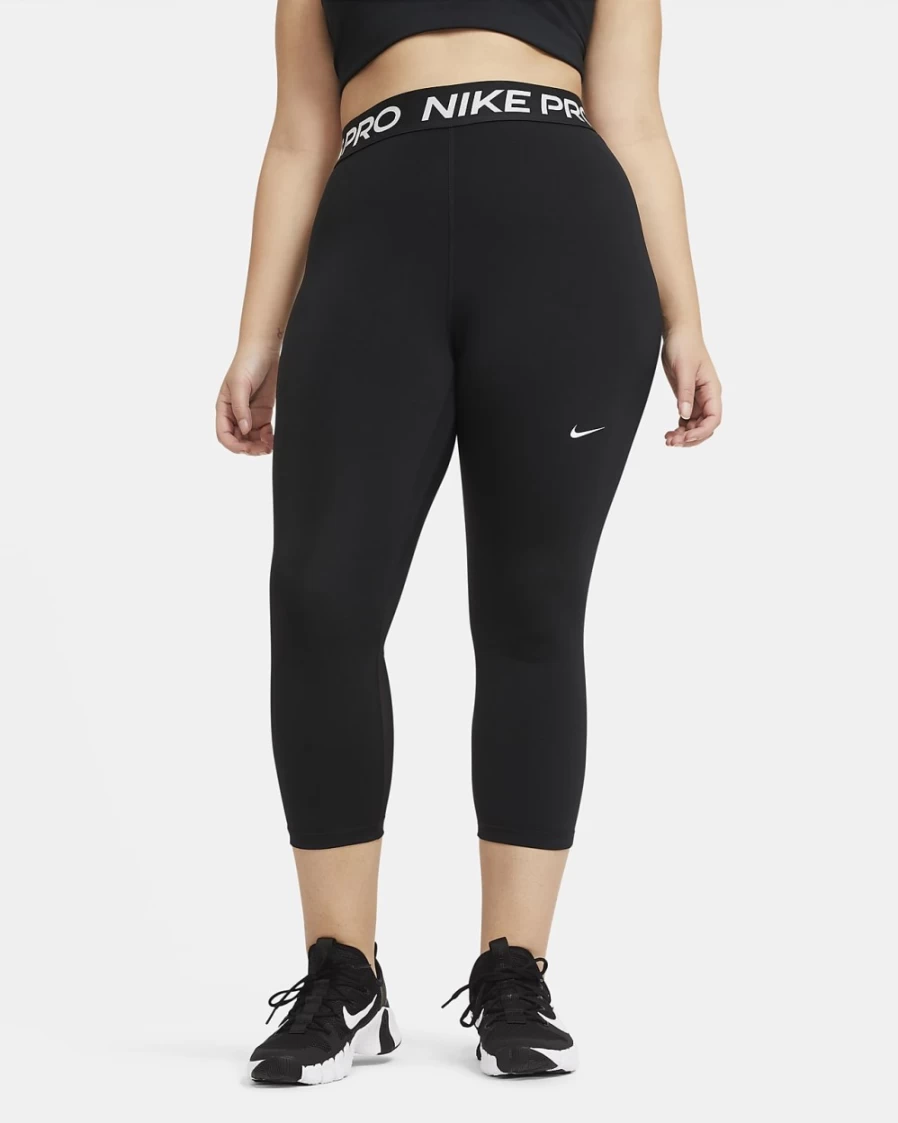 Nike Women's Plus Size Black & White Mid-Rise Pro Crop Leggings - High-Waisted Workout Tights