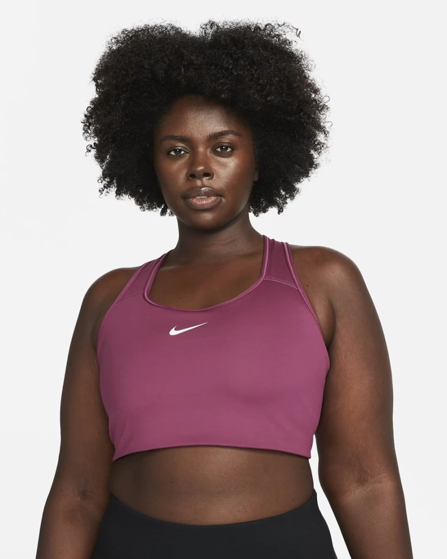 Nike Women's Medium-Support Padded Sports Bra - Plus Size Rosewood/White Swoosh Design