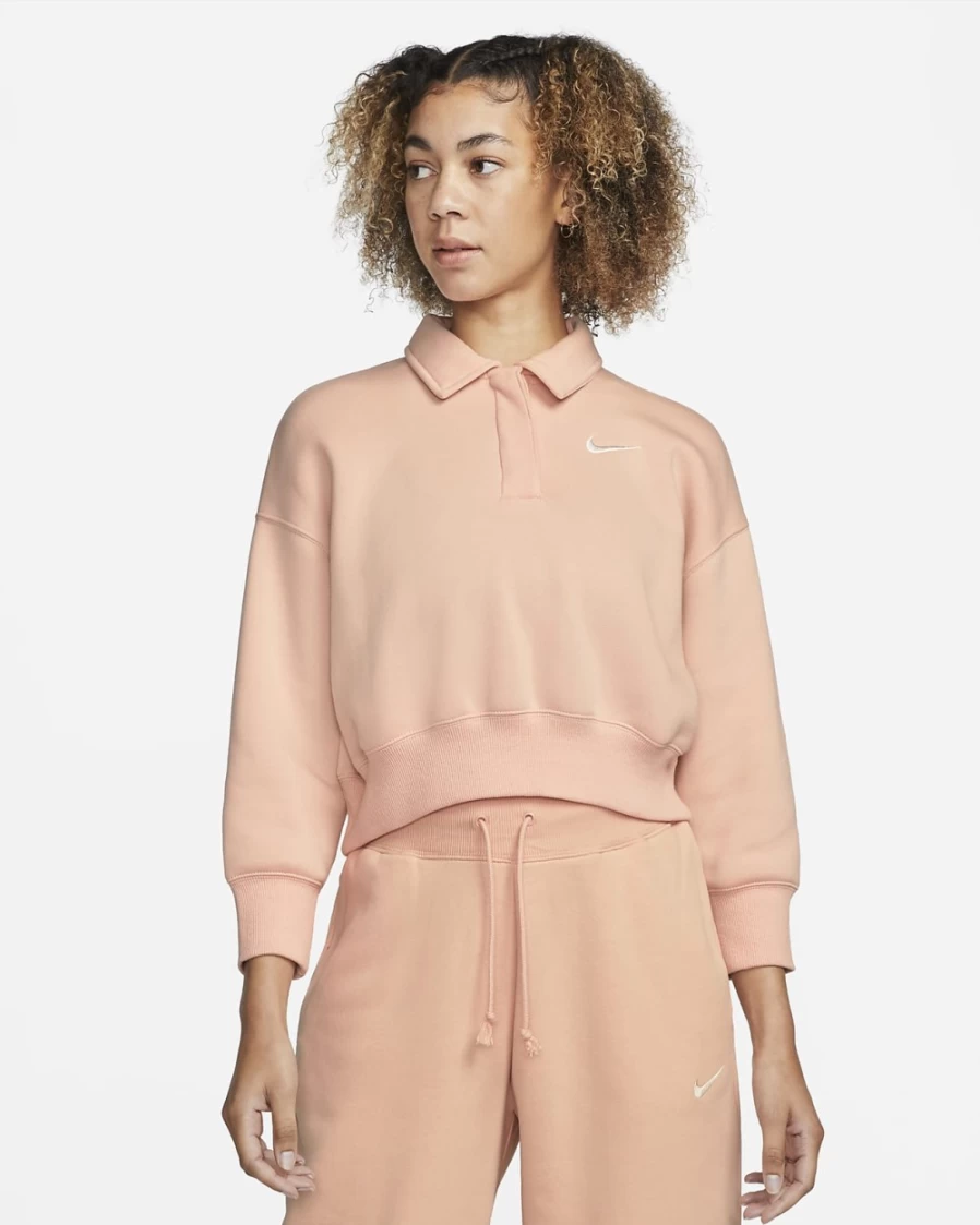 Nike Women's Arctic Orange/Sail Phoenix Fleece 3/4-Sleeve Crop Polo Sweatshirt | Sportswear Top