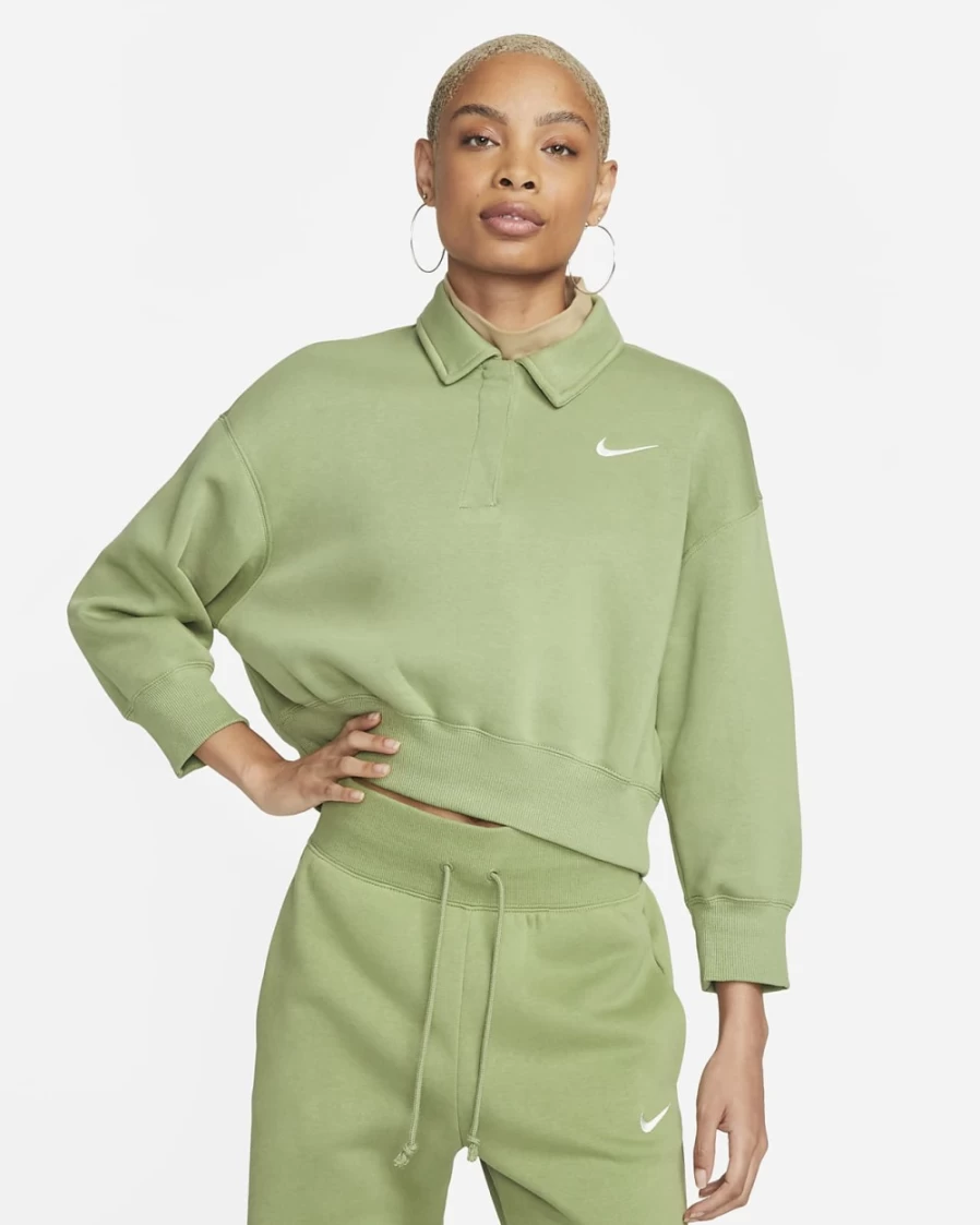 Nike Women's Alligator/Sail 3/4-Sleeve Crop Polo Fleece Sweatshirt - Sportswear Phoenix Collection