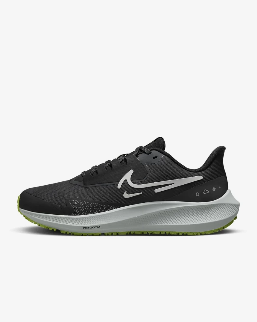 Nike Pegasus 39 Shield Women's Black Dark Smoke Grey Volt White Weatherized Road Running Shoes