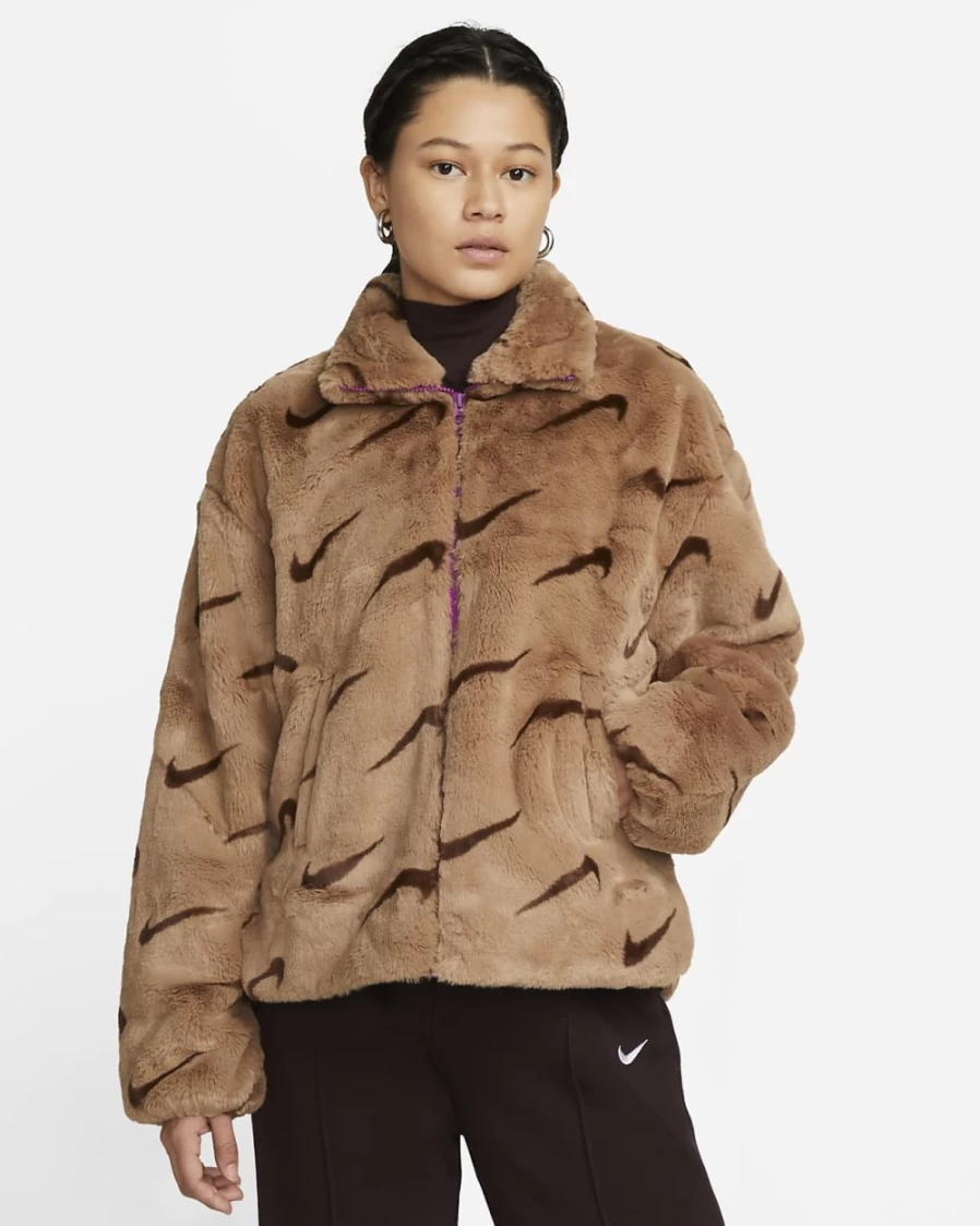 Nike Women's Plush Faux Fur Jacket - Dark Driftwood/Cacao Wow/Vivid Purple Print - Sportswear Cozy Outerwear