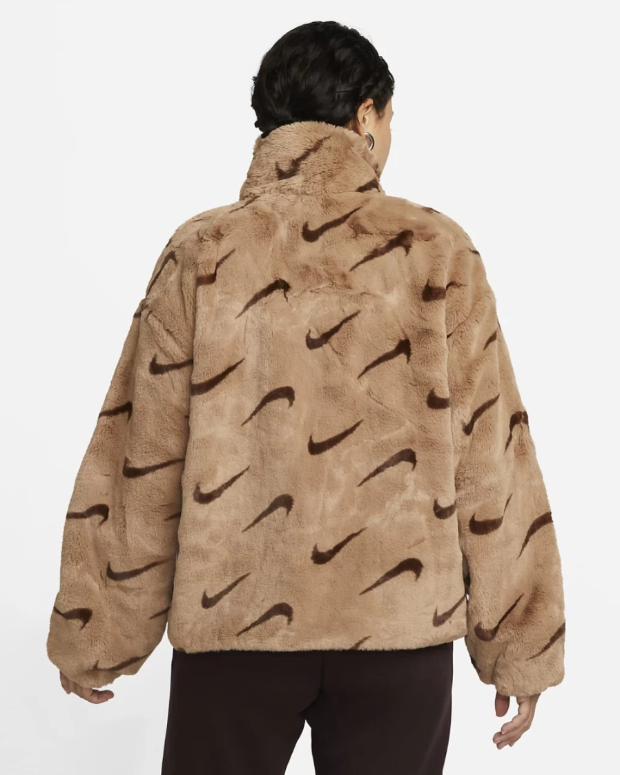 Nike Women's Plush Faux Fur Jacket - Dark Driftwood/Cacao Wow/Vivid Purple Printed Sportswear Coat