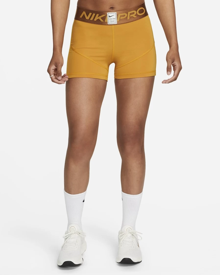 Nike Women's Pro Mid-Rise 3" Graphic Shorts in Gold Suede, Ale Brown & Barely Green