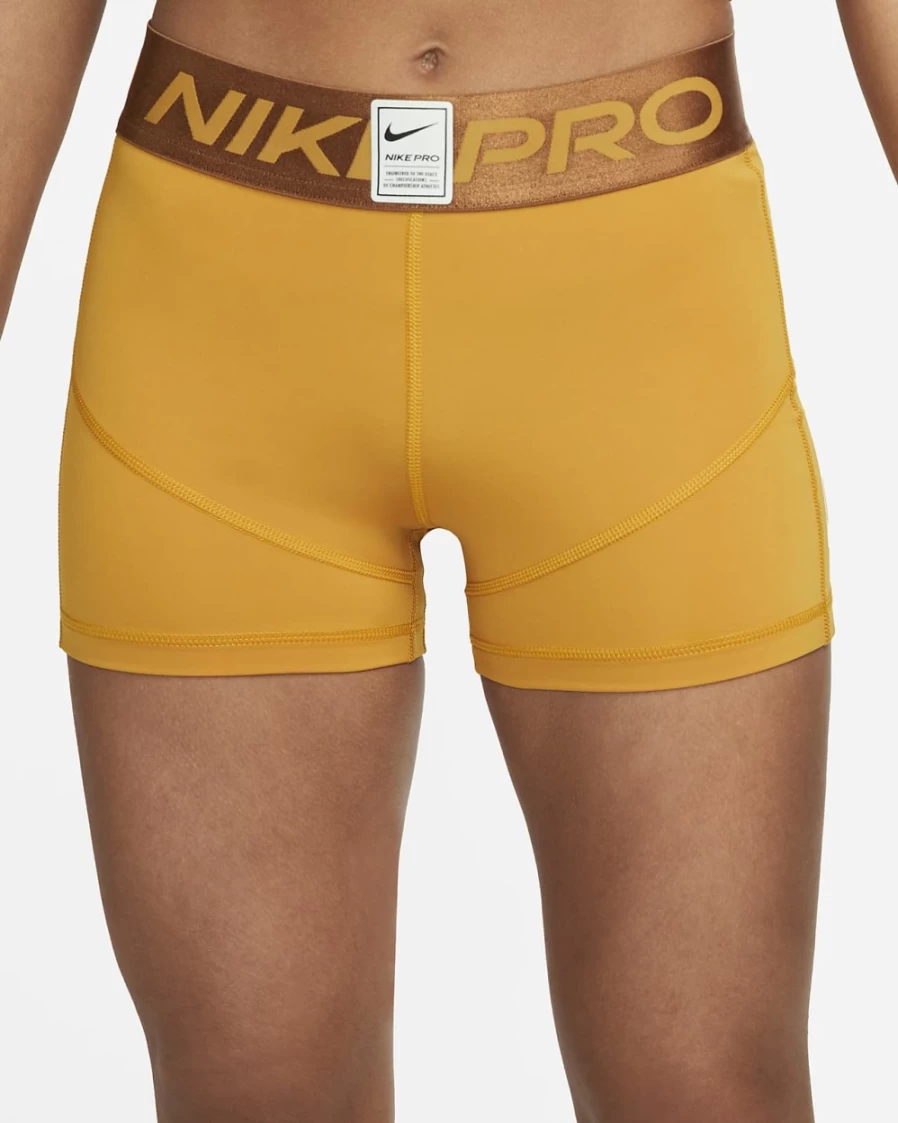 Nike Women's Pro Mid-Rise 3" Graphic Shorts in Gold Suede, Ale Brown & Barely Green