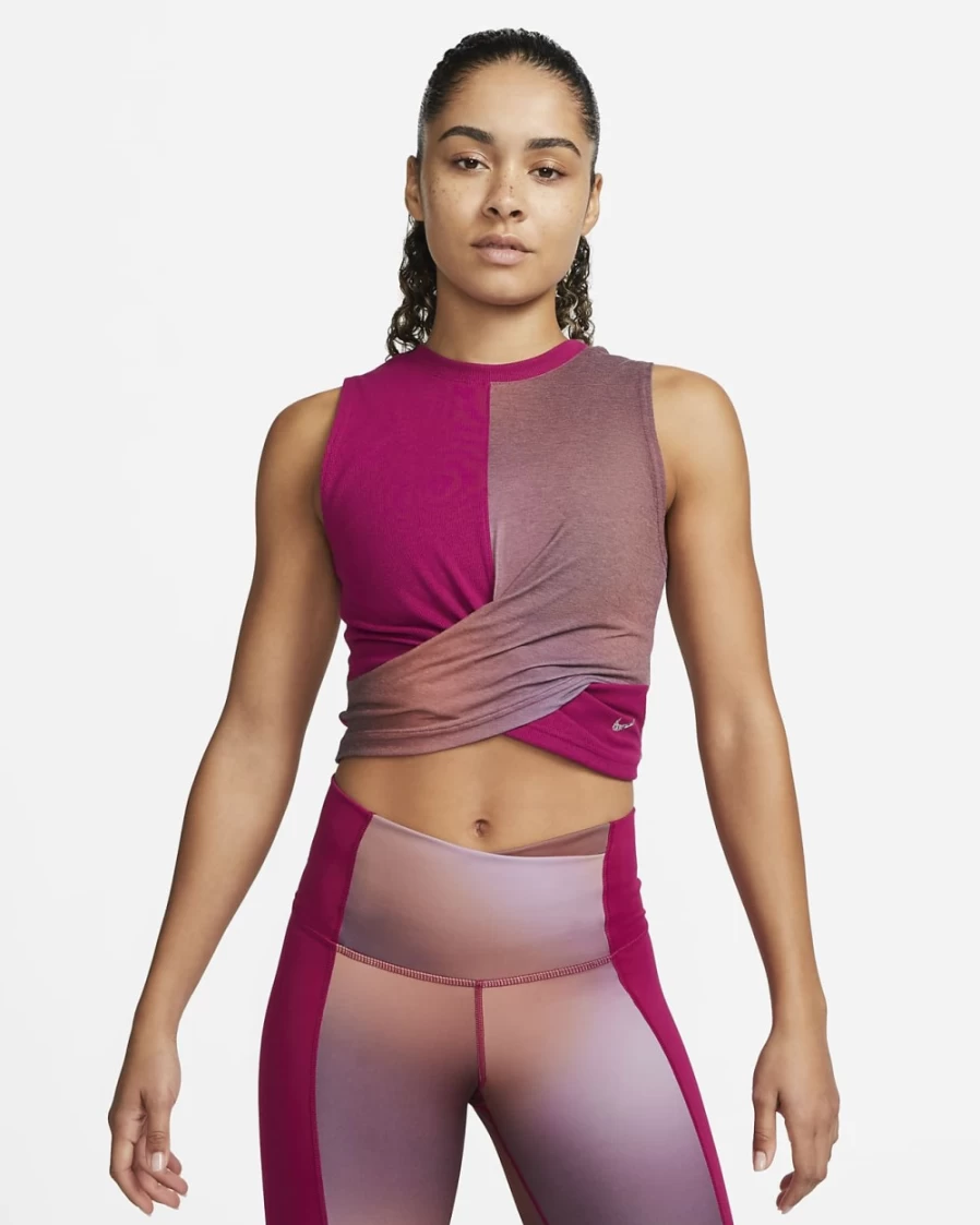 Nike Dri-FIT Women's Yoga Tank Top - Dark Beetroot/Dynamic Berry Printed Workout Shirt