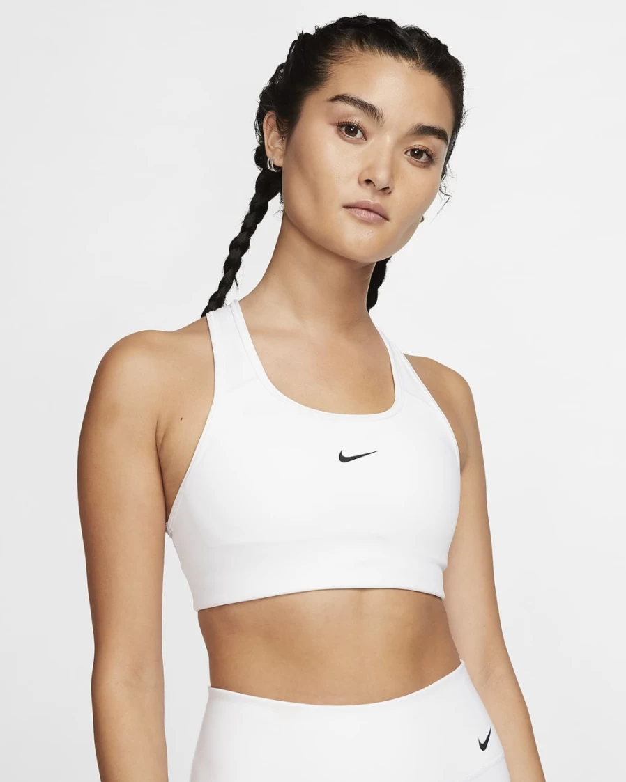 Nike Dri-FIT Swoosh Women's Medium-Support Sports Bra - White/Black - 1-Piece Padded Workout Top