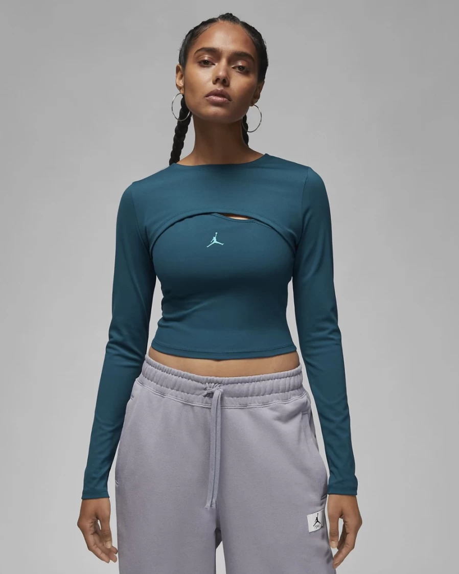 Nike Jordan Sport Women's 2-in-1 Long Sleeve Top - Valerian Blue & New Emerald