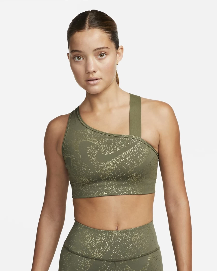 Nike Swoosh Medium-Support Asymmetrical Non-Padded Sports Bra for Women in Medium Olive/Black