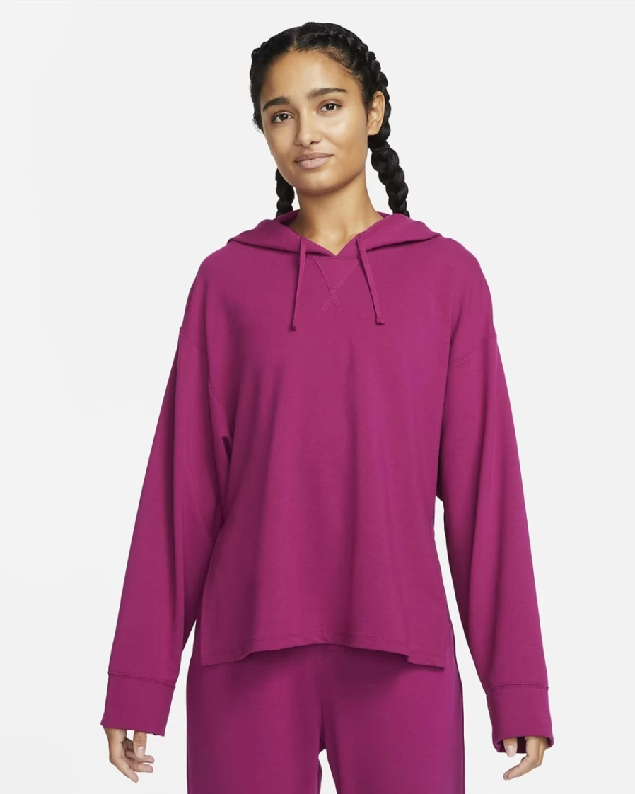 Nike Women's Dynamic Berry/Iron Grey Dri-FIT Yoga Fleece Hoodie - Moisture-Wicking Workout Pullover