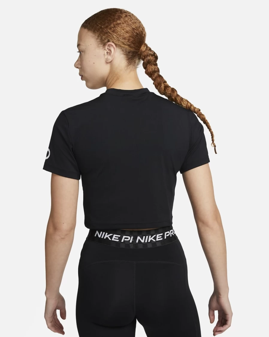 Nike Pro Dri-FIT Women's Black & White Cropped Graphic Workout Top Short Sleeve