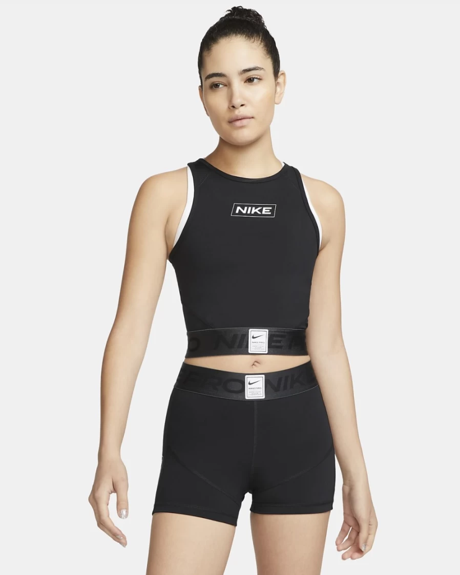 Nike Women's Dri-FIT Pro Graphic Crop Tank Top - Black, Dark Smoke Grey, White - Moisture-Wicking Workout Shirt