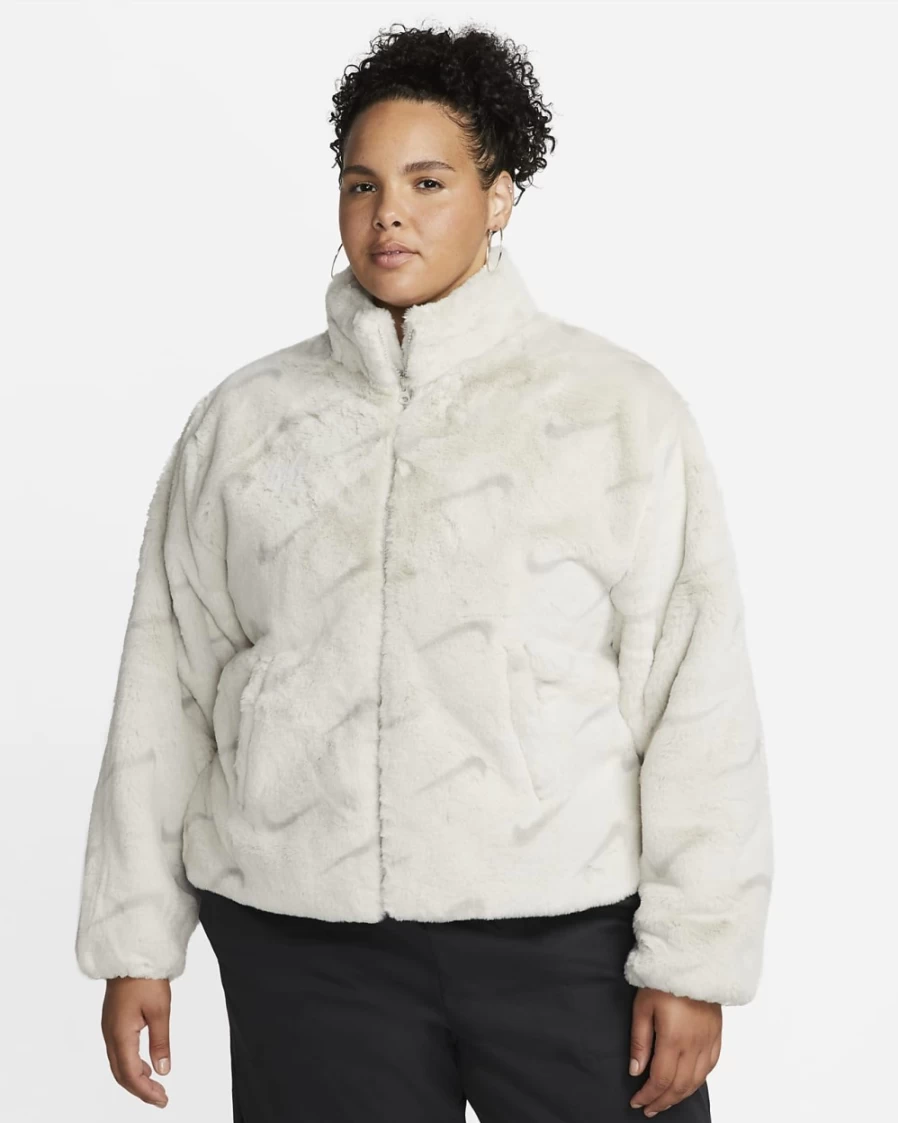 Nike Women's Light Bone Faux Fur Jacket - Plus Size Printed Winter Coat