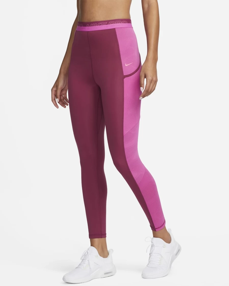 Nike Pro Women's High-Waisted 7/8 Workout Leggings with Pockets - Rosewood, Active Fuchsia, Pinksicle Colors